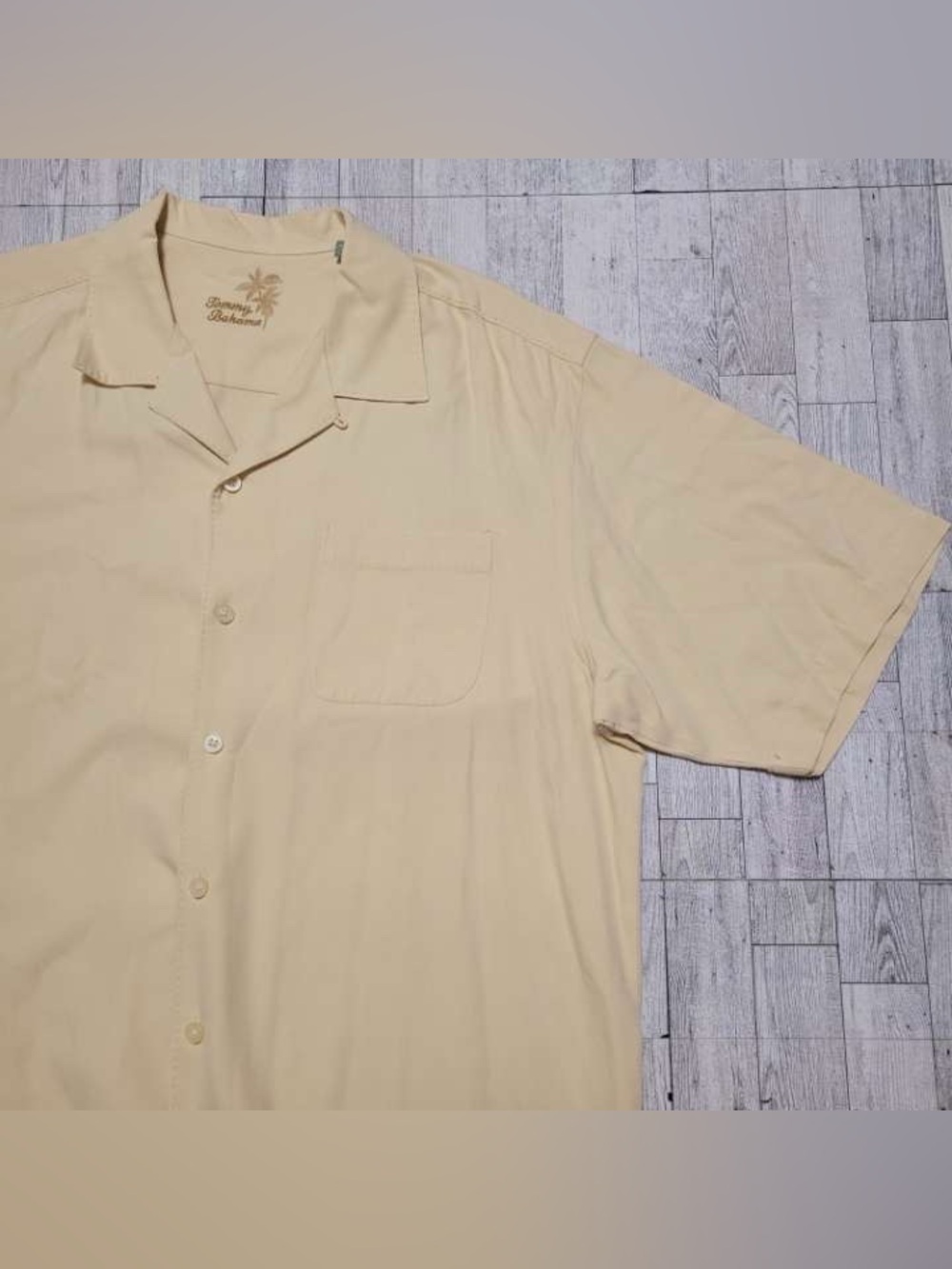 Men's Tommy Bahama 100% Silk Tan Summer Short Sleeve Button Up Shirt Size L